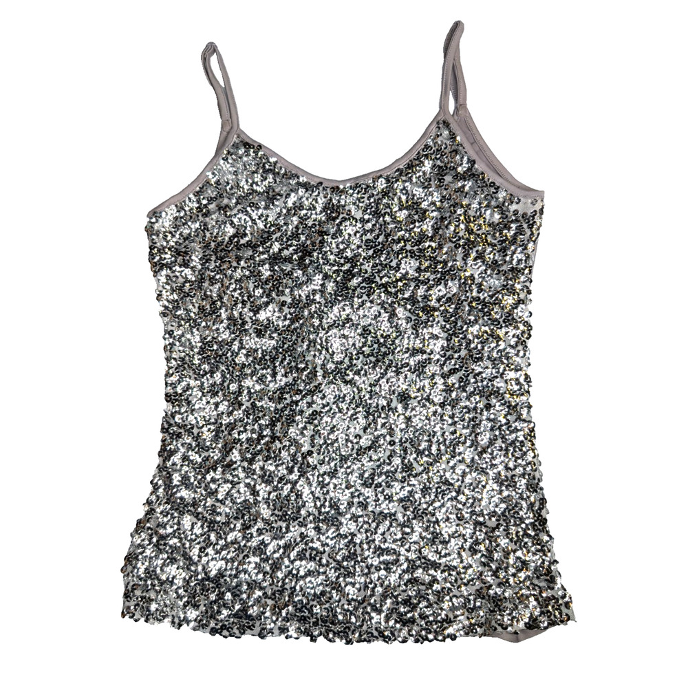 VTG 90s Y2K Silver Sequin Fairy Baddie Glam Bling Going‎ Out Top Camisole Tank L